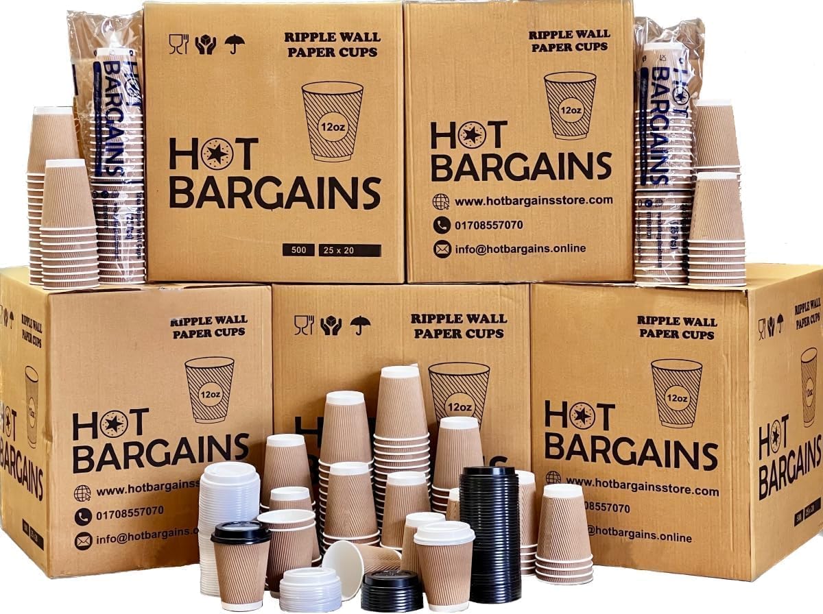 HOT BARGAINS - Kraft Triple Walled Disposable Paper Ripple Cups - 200 X 12oz / 360ml, Hot Drink Cups + Lids