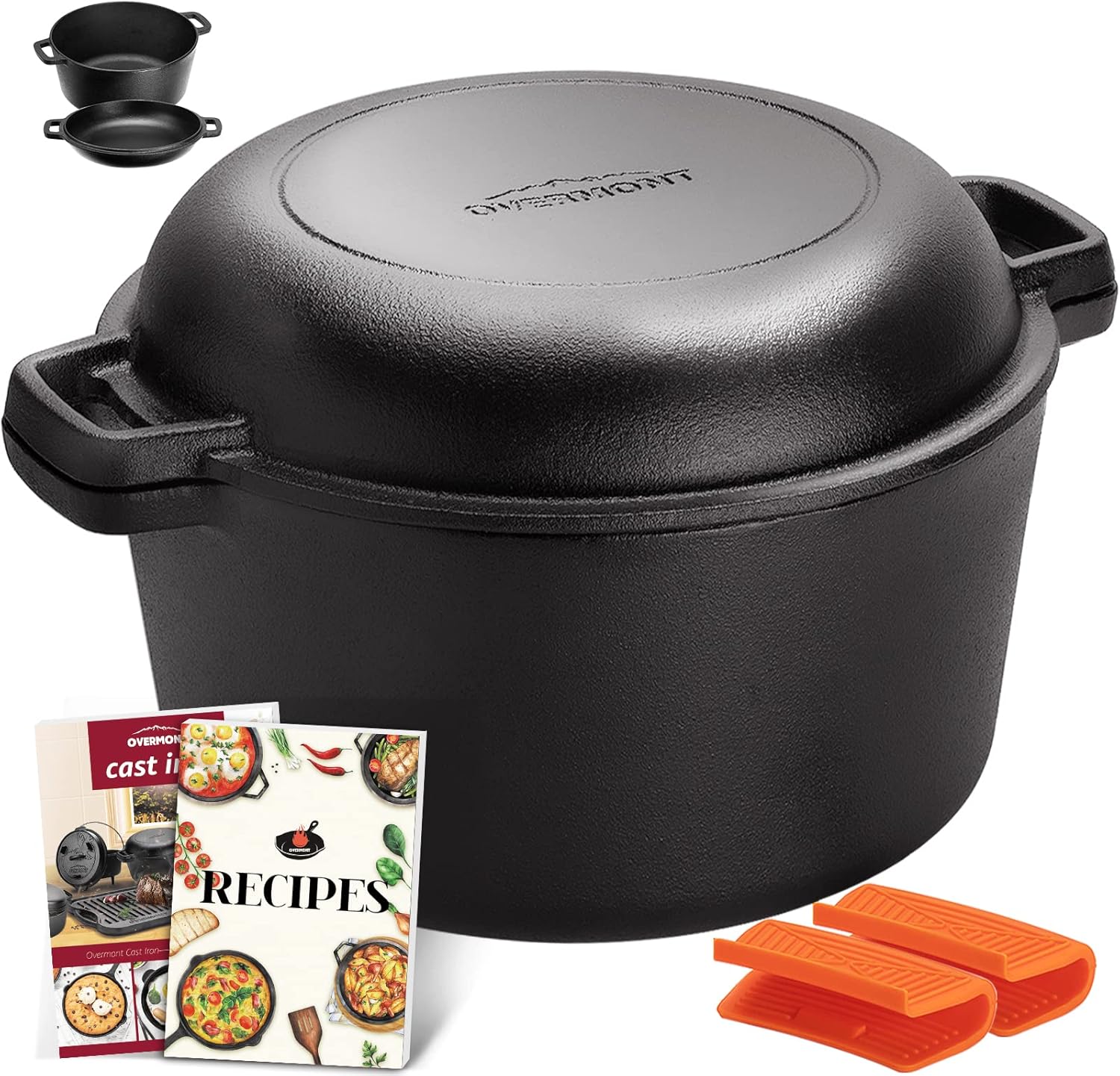 Overmont 2 in 1 Cast Iron Dutch Oven with Cookbook Recipe 5 QT Dutch Oven Pot + 1.6 QT Dual Function Skillet Lid Pre Seasoned with Handle Covers for Camping Home Cooking BBQ Baking