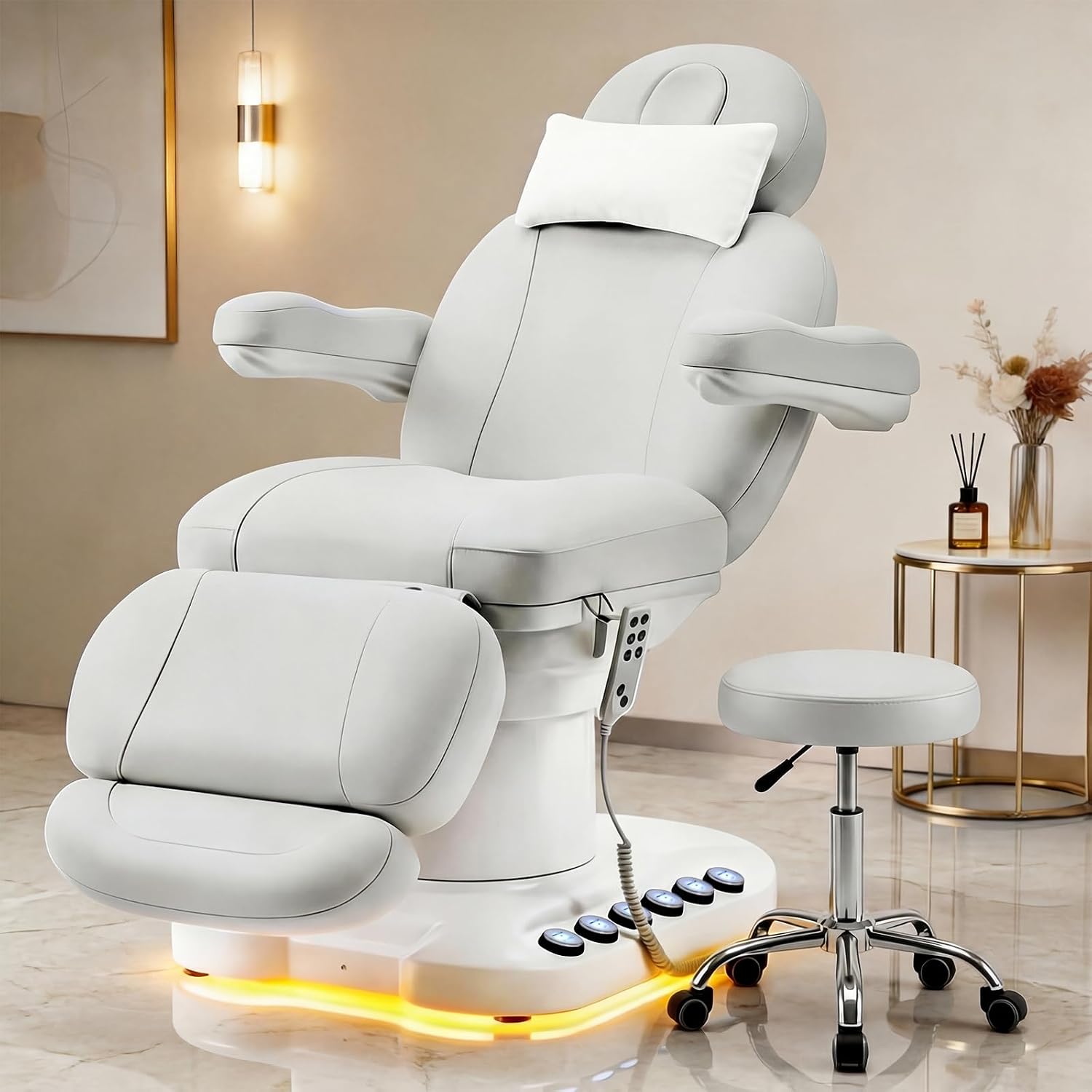 3 Motors Fully Electric Massage Table with Stool (White)