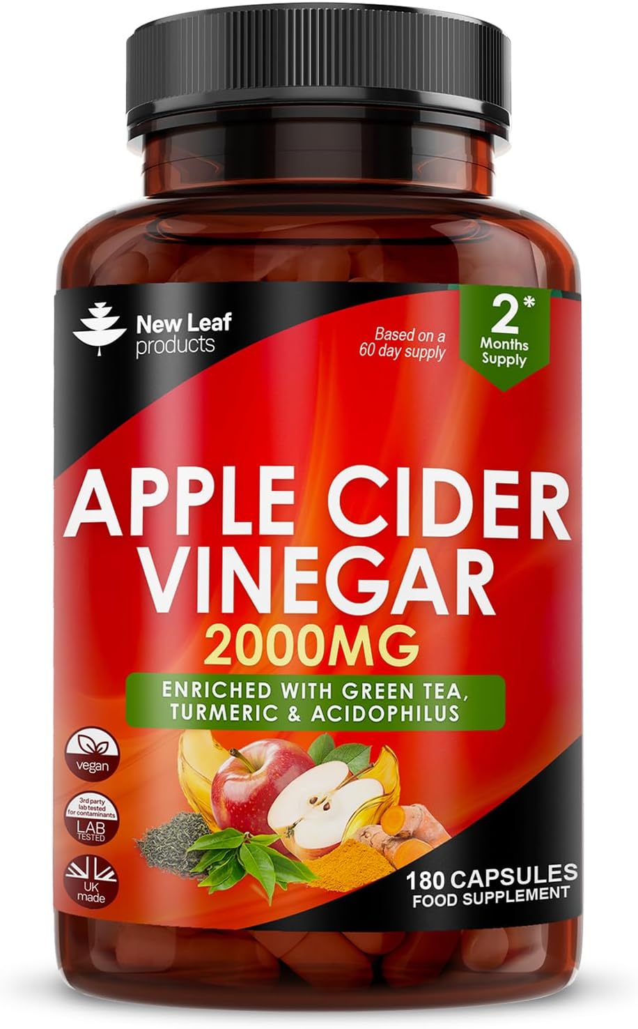 Apple Cider Vinegar Capsules 100% Pure ACV 2000mg - Added Acidophilus with Green Tea,Turmeric & Black Pepper - 2 Months Supply - Tasteless & Vegan - Not ACV Gummies or Tablets - UK Made