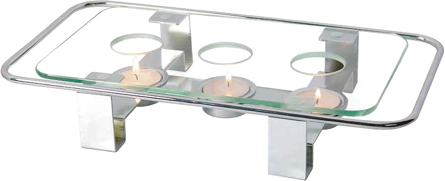NewlineNY Chrome Plated Glass Dish Warmer, Rectangular Glass Top 3 Holes Tea Coffee Light Votive Candle Gourmet Desktop Food Warmer