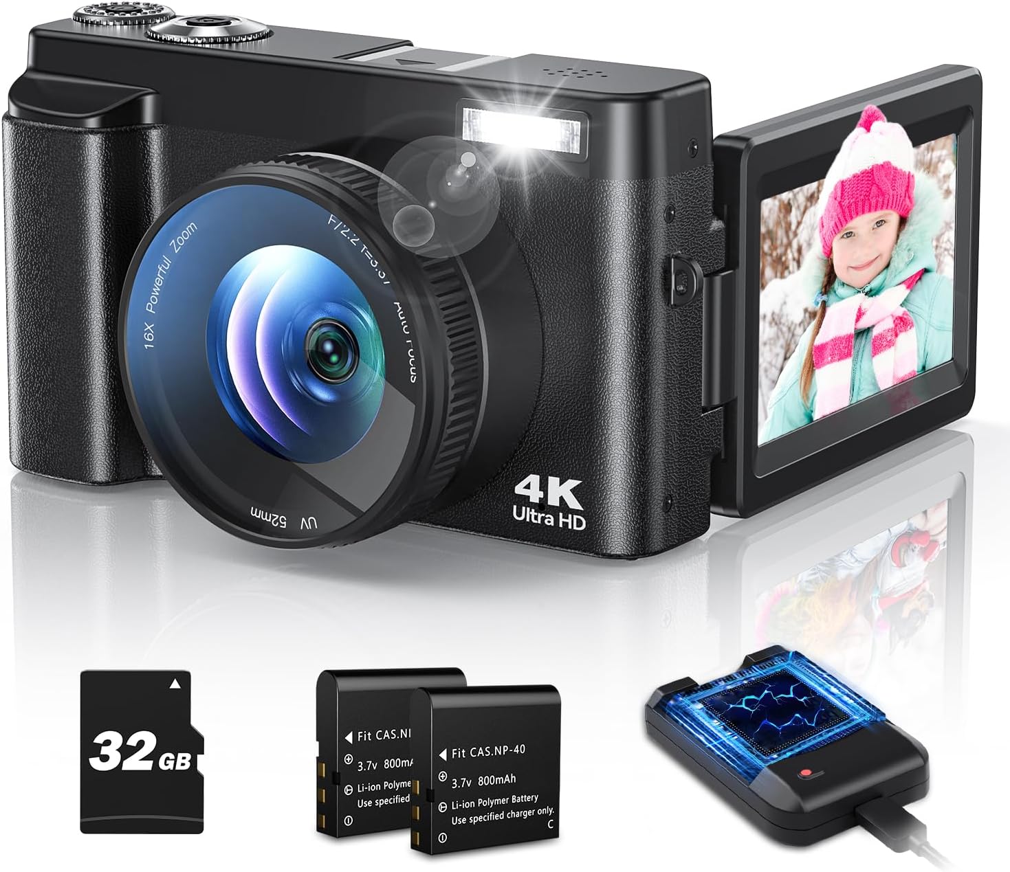 4K Digital Camera for Photography and Video, Autofocus Anti-Shake 48MP Vlogging Camera for YouTube, 3'' 180°Flip Screen Camera with Flash 16X Zoom, Digital Camera with 32GB Card Battery Charger