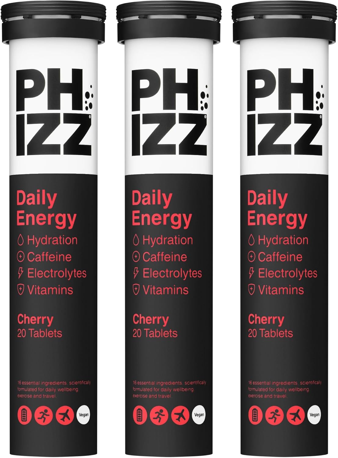 Phizz Daily Energy Electrolyte Hydration Tablets - 17 Vitamins and Minerals - Effervescent Energy - 75mg Caffeine (Daily (Cherry), 60)