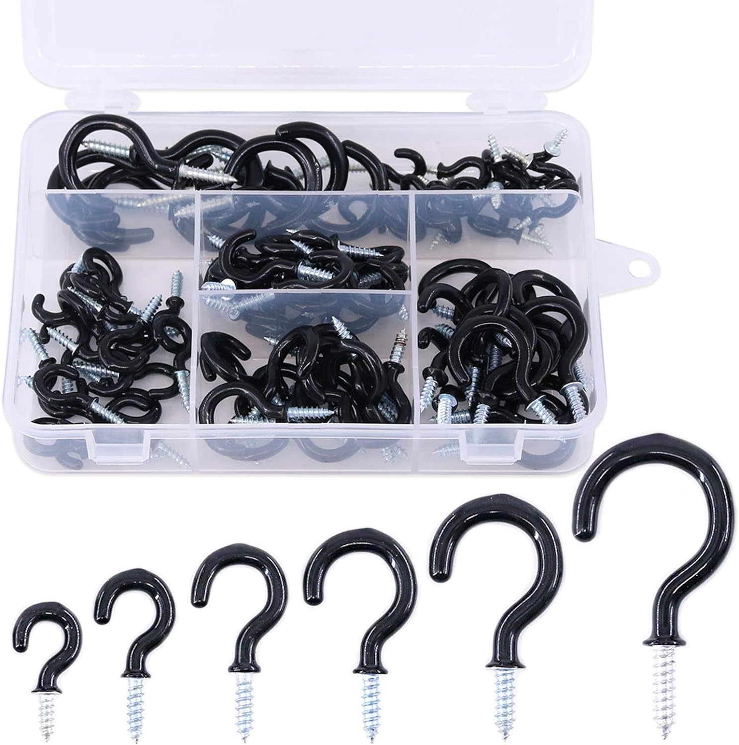 Glarks 100-Pieces 6 Sizes Black Vinyl Coated Cup Hooks Screw-in Ceiling Hooks Screw Hooks Mug Hooks Hangers Assortment Kit for Home and Office Use