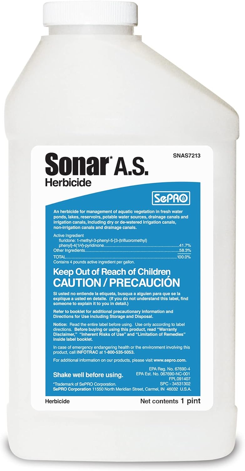 Sonar A.S. Liquid Aquatic Herbicide 1 Pint Systemic Weed Control for Duckweed, Watermeal, Hydrilla, Milfoil and More, EPA Approved, Safe for Fish, Pets, Wildlife, Long-Lasting DIY Pond Treatment