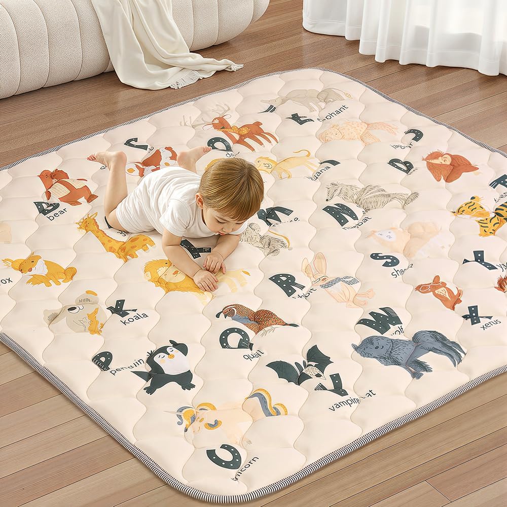 COMOMY Baby Play Mats for Floor, 127x127 cm Foldable Washable Baby Playmat for Playpen, Soft Thicken Padded Crawling Mat, Anti-Slip Activity Mat for Babies Toddlers and Kids, Beige