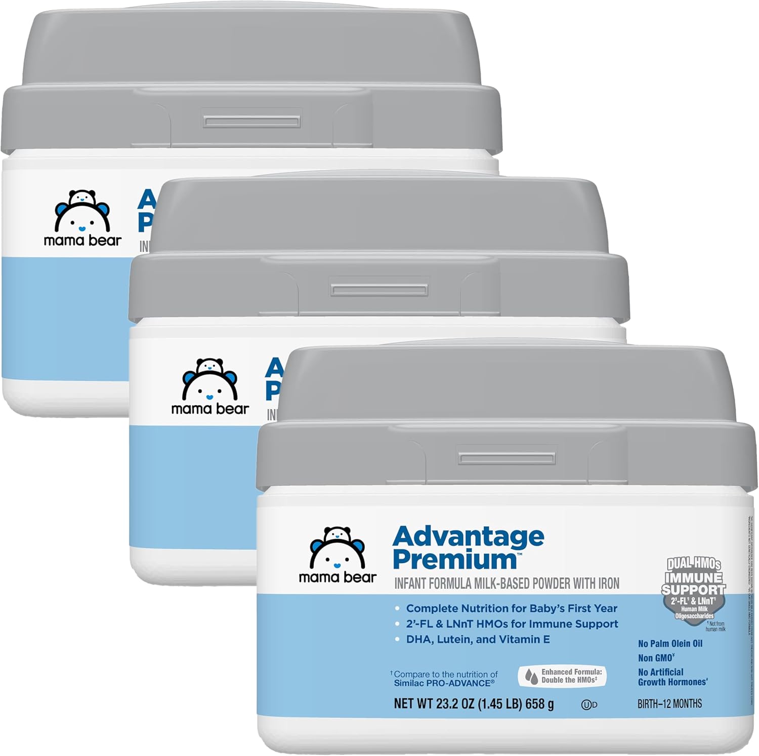 Amazon Brand - Mama Bear Advantage Baby Formula Powder with Iron, 2'-FL HMO for Immune Support, Infant Formula, 23.2 Ounce, 1.45 Pound (Pack of 3)
