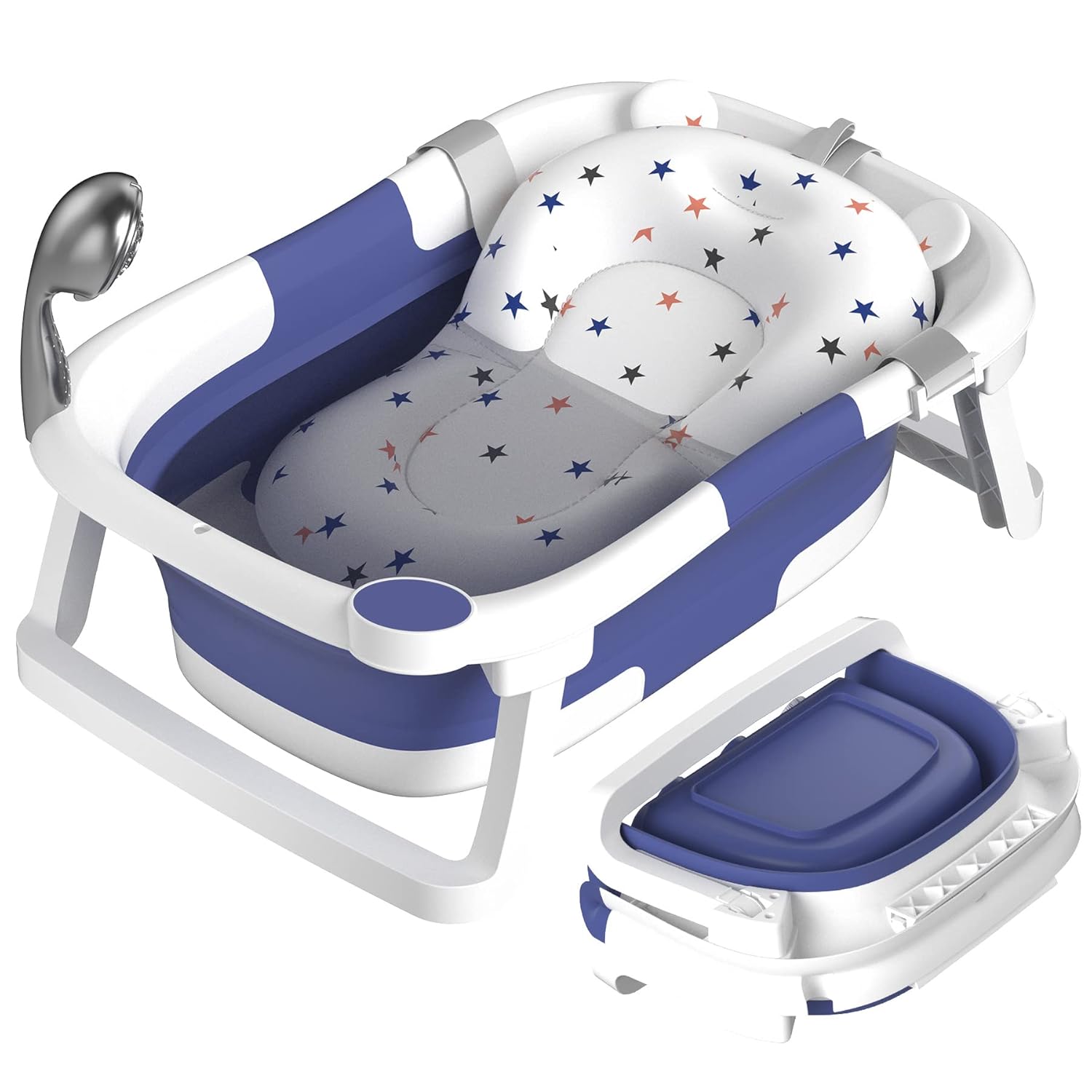 Baby Bathtub Foldable，Baby Bath Essentials Baby Bathtub Newborn to Toddler Portable Travel Multifunctional Baby Bath Tub with Non-Slip Mat, Drain Hole(Blue + Bath Mat)