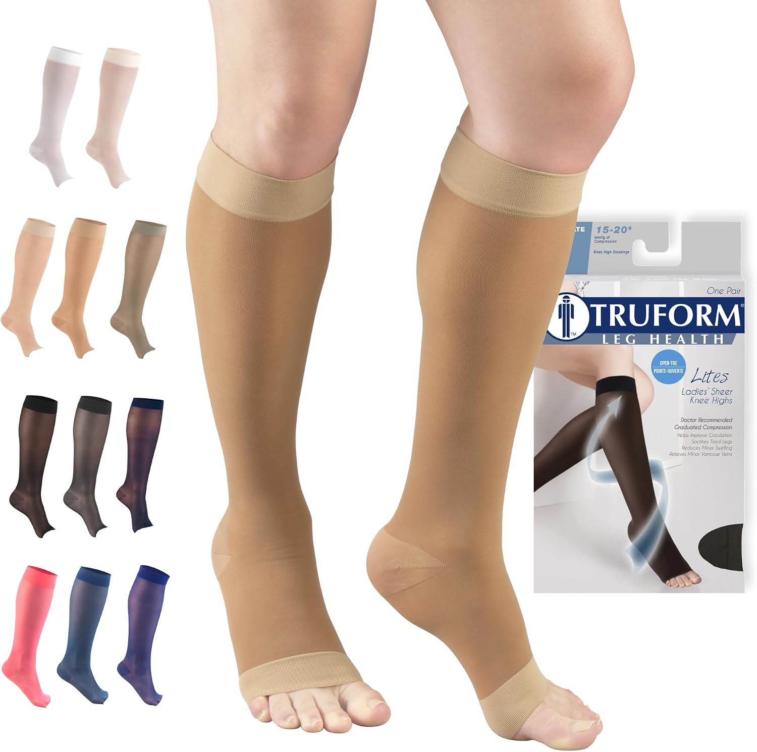 Truform Sheer Compression Stockings, 15-20 mmHg, Women's Knee High Length, Open Toe, 20 Denier, Beige, Medium