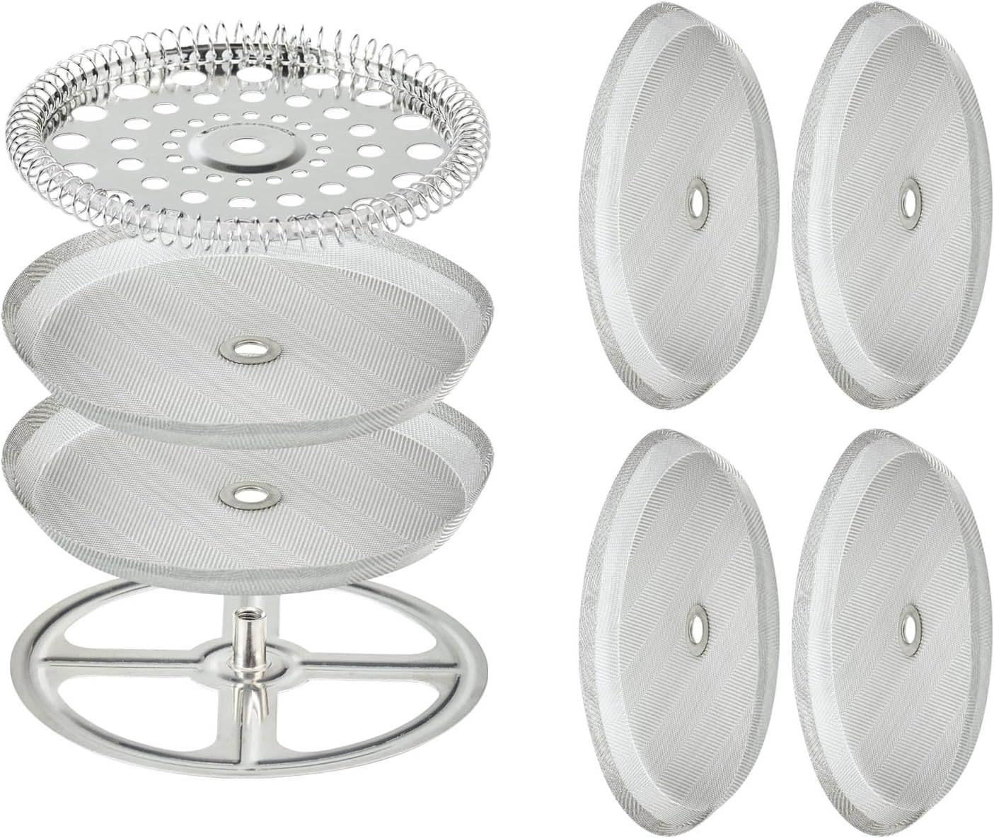 8 Pieces French Press Replacement Parts Stainless Steel Set, 6 Pieces 4in Universal French Press Screen, Containing Spiral Disk and Cross Disk for 34oz/3.75 Inch Wide French Press Coffee Press