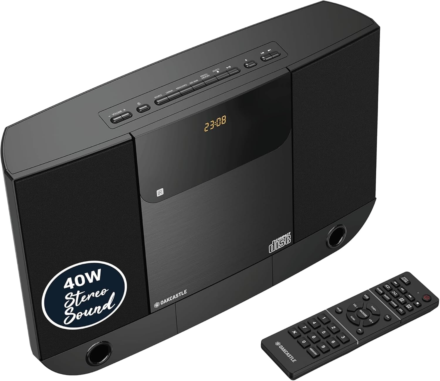 Wall Mountable CD Player with Bluetooth | Compact 40W Hi-Fi Stereo System | FM Radio, 20 Presets, & Custom EQ Settings | AUX Input | MP3 Playback | Remote Control | OAKCASTLE HIFI100