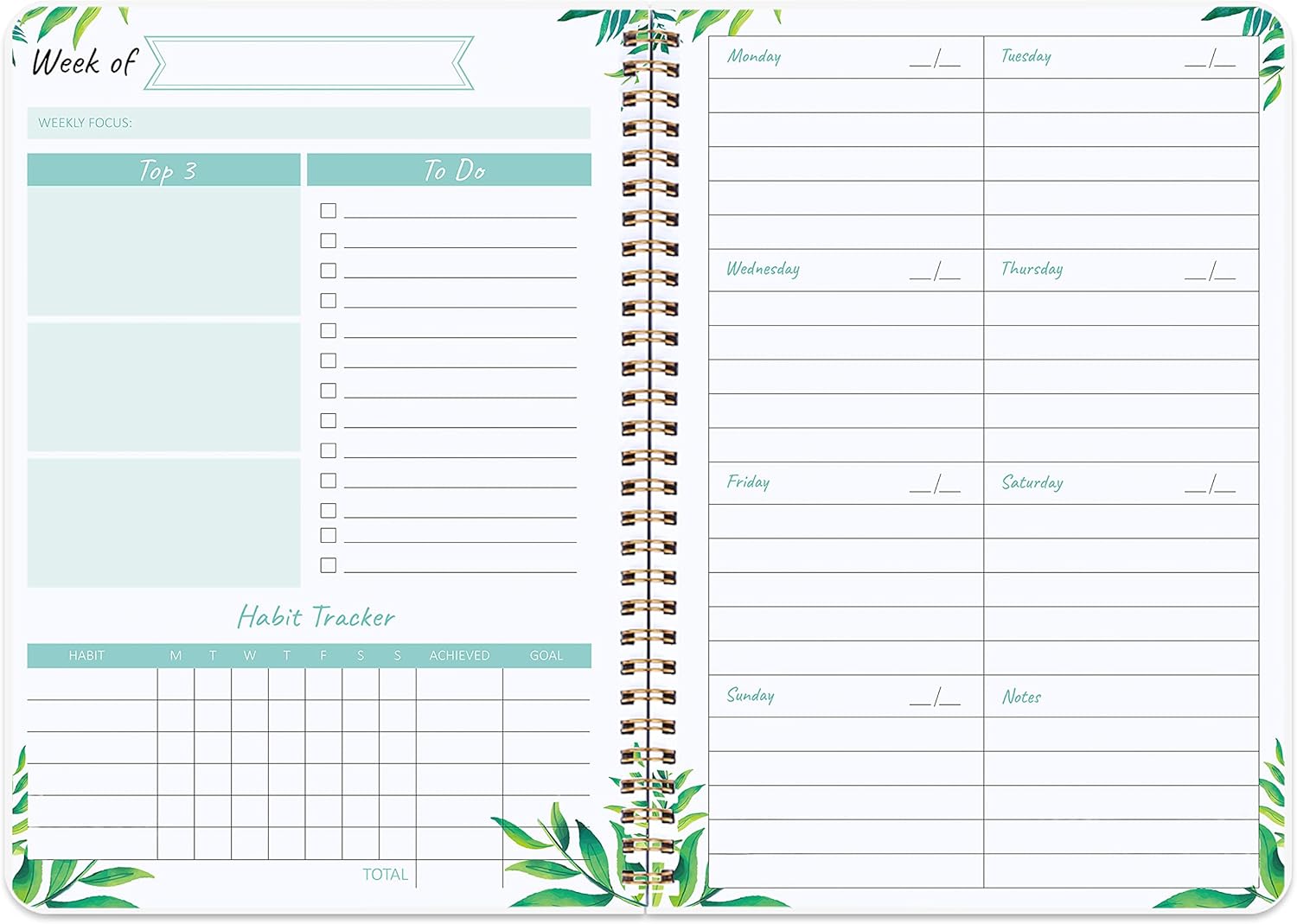 Undated Weekly Planning Pad, Daily Planner with Notes, To Do List Notebook, 5.7" x 8.0", Thick Paper, Twin-Wire Binding - Green
