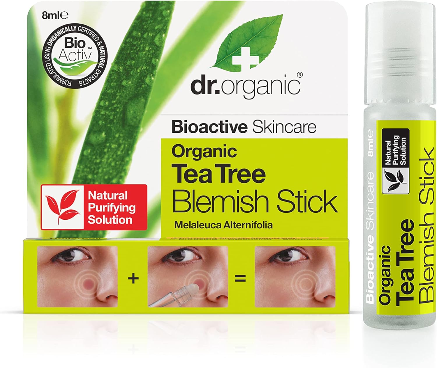 Dr Organic Tea Tree Blemish Stick, Minimise Spots & Reduce Redness, For Acne , Clear Skin, Purifying, Natural, Vegan, Cruelty-Free, Paraben & SLS-Free, Certified Organic, 8ml, Packaging may vary