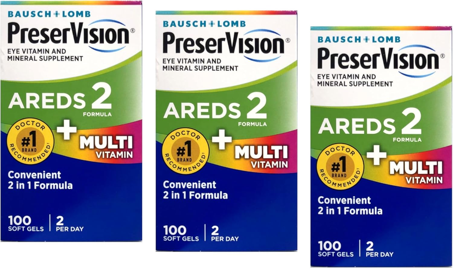 Bausch + Lomb PreserVision AREDS 2 + Multivitamin, 2-in-1 Eye Vitamin, Contains Vitamin C, D, E & Zinc, 100 Softgels (Pack of 3)