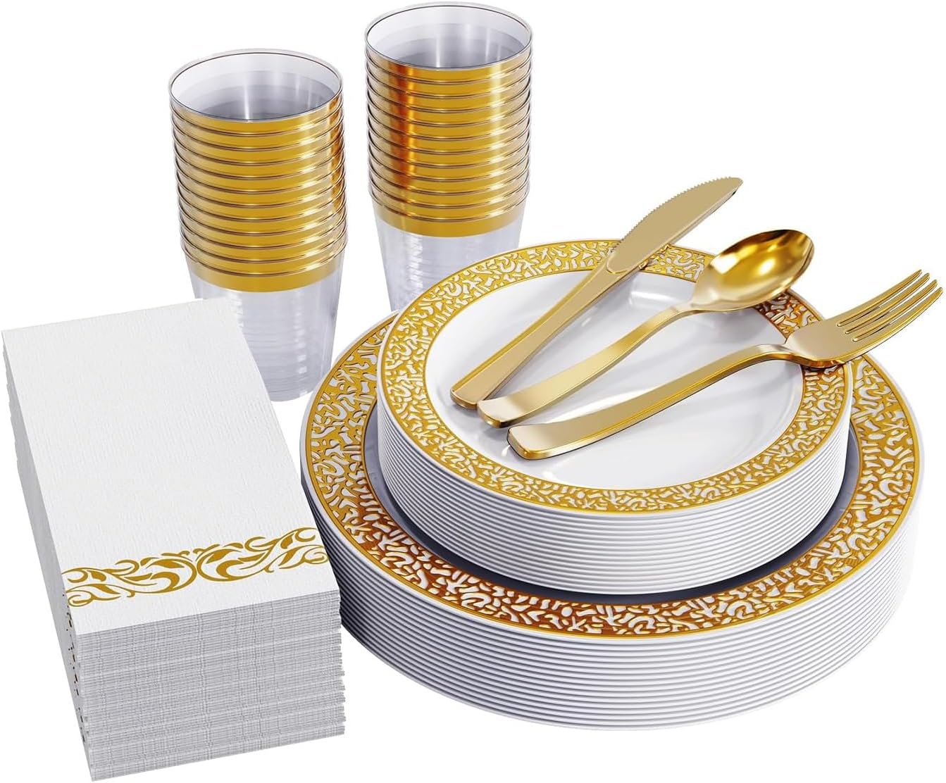 AEX 175-Piece Gold Dinnerware Set – 25 Dinner Plates, 25 Salad Plates, 25 Napkins, 25 Silver Rimmed Tumbler Cups, 25 Knives, 25 Forks, 25 Spoons – Elegant Tableware for Events