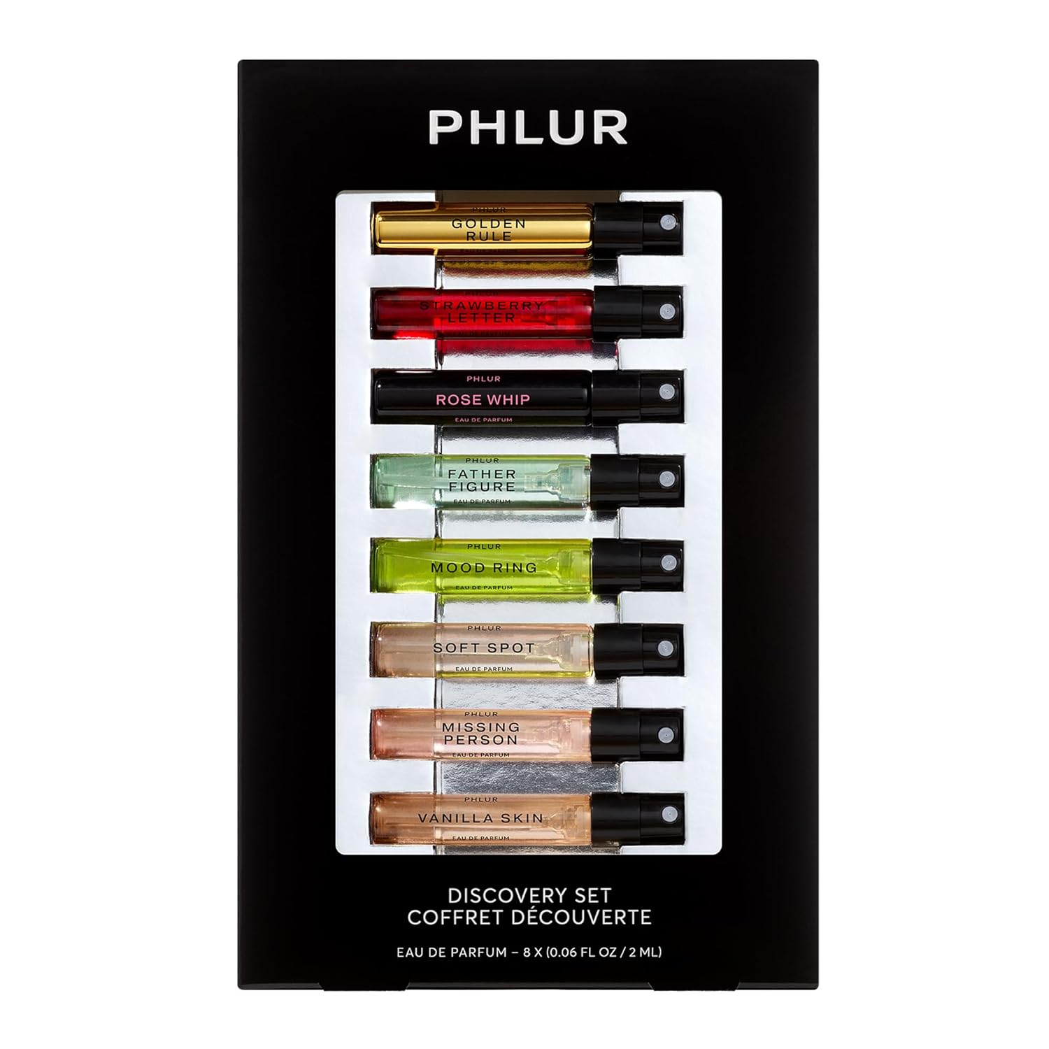 PHLUR Fragrance Discovery Set (2025) - 8pc Perfume Sample Set ft. New Releases Vanilla Skin, Rose Whip & Golden Rule - 2mL Mini Perfume Fine Fragrance Samples (8 x 2mL)