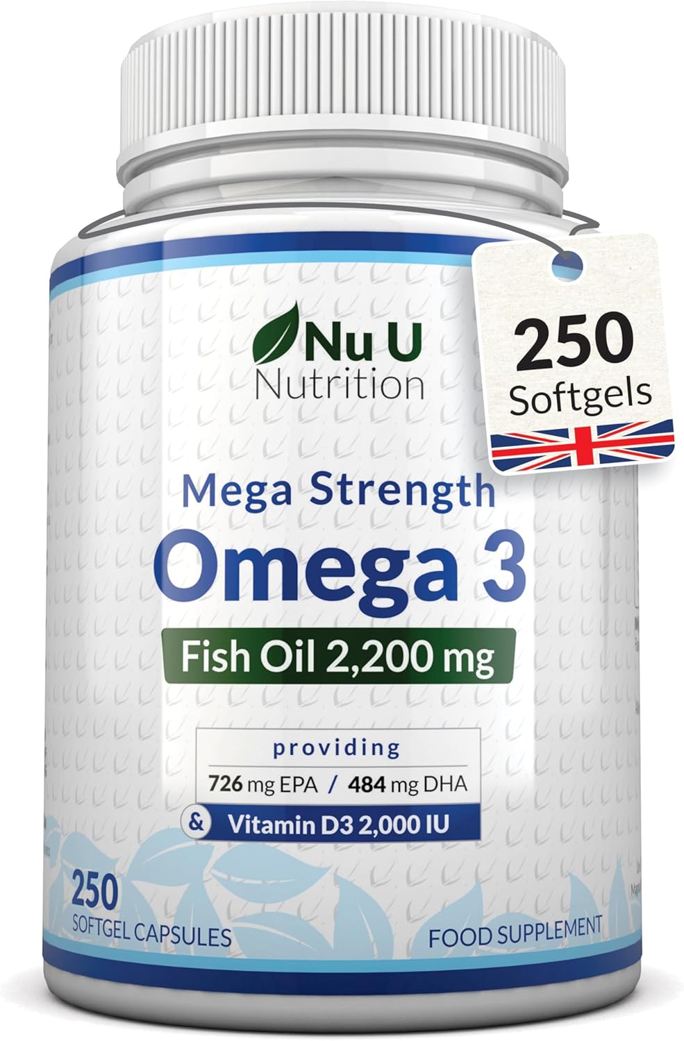 Omega 3 2200mg & Vitamin D3 2000IU - 250 Softgel Capsules - 720mg EPA & 480mg DHA per Serving - Alternative to Cod Liver Oil Capsules - High Strength 1100mg Fish Oil - Made in The UK - Nu U Nutrition