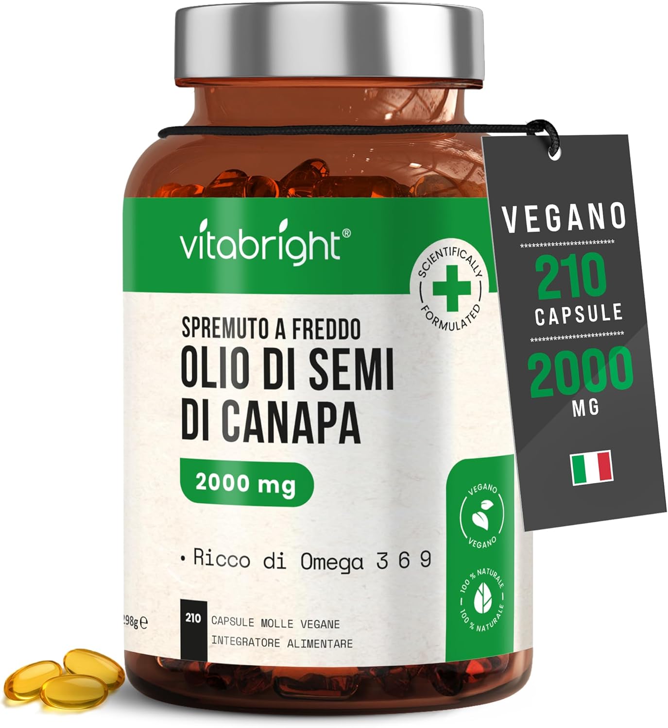VitaBright Hemp Oil (for Humans) Omega 3 6 9 Capsules High Strength | 2000mg Daily | 210 Hemp Seed Oil Capsules | 3+ Months | Cold Pressed Virgin Omega 369 Softgels
