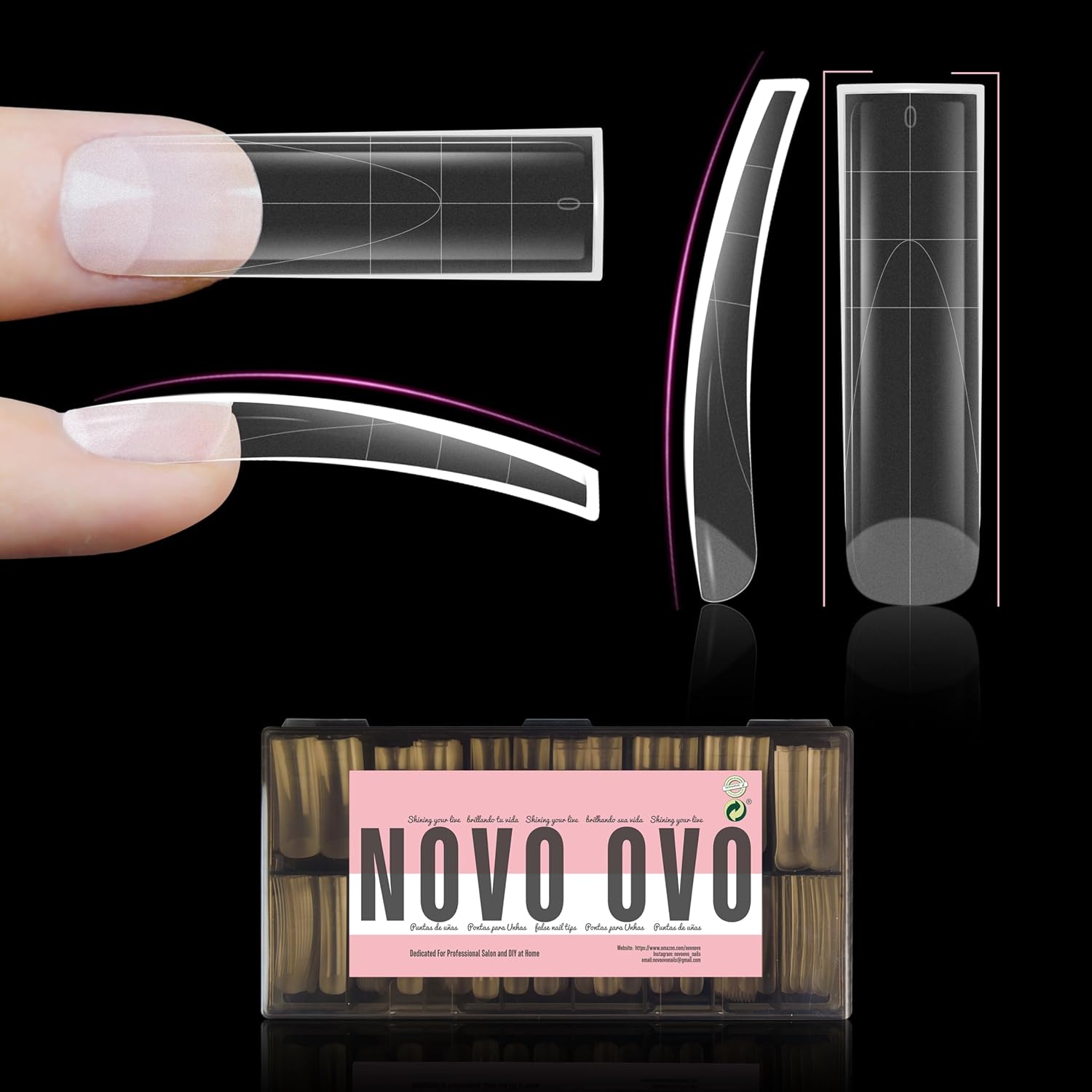 NOVO OVO XXL Slightly Curved Sharp Square Nail Tip, Extra Thick Natural Curve False Nails Press on, Full and Half Cover Soft Gel Extension Fake Nail Acrylic kit with Auxiliary Line x 15 Size 240pc