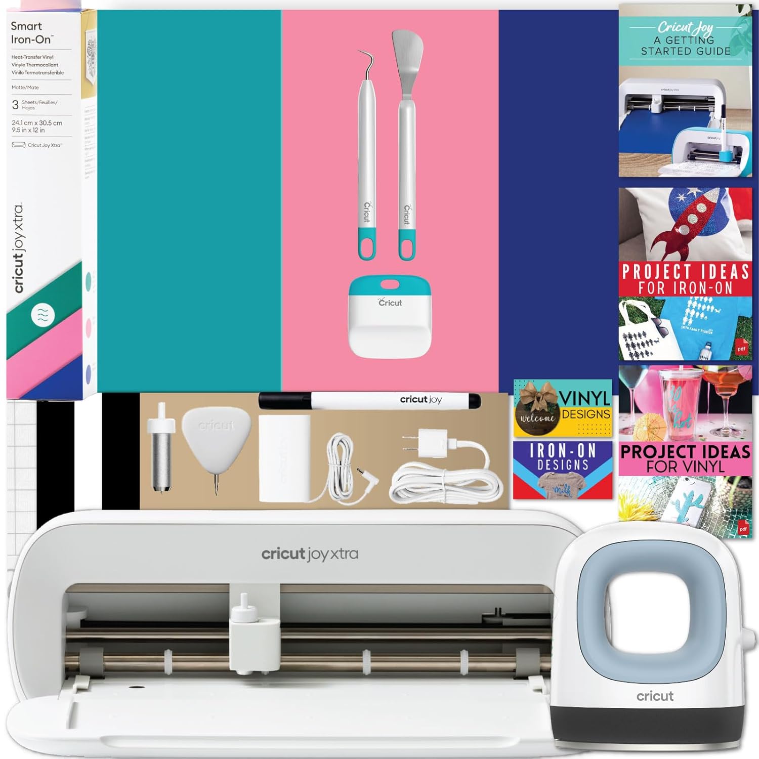 Cricut Joy Xtra and EasyPress Mini with Iron-On Vinyl Sampler Pack and Tool Kit Bundle - Cutting Machine with Small Heat Press and HTV Accessories, Cricut Beginner Kit with Everything to Get Started