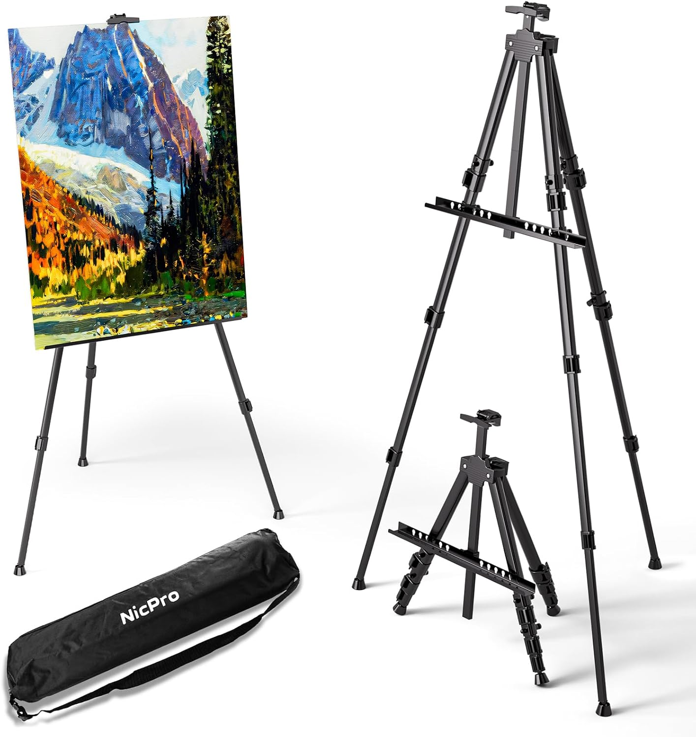 Nicpro Art Easel for Sign, Black Aluminum Metal Tripod Stand - Adjustable Height 17 to 66" for Table-Top/Floor Painting, Drawing, Display, Poster, Canvas