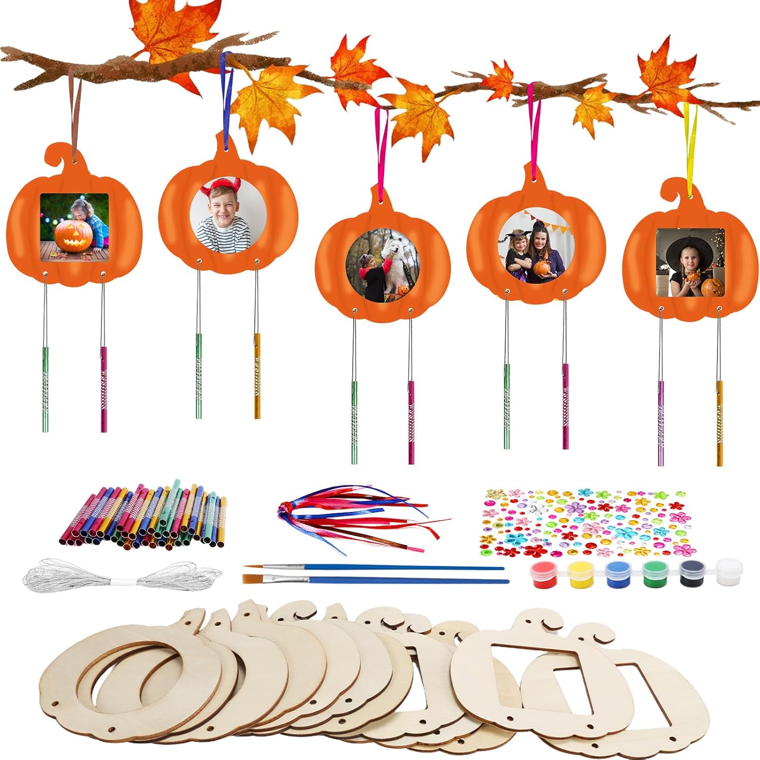 HONMOK Halloween Craft for Kids, 12 Pack Wooden Pumpkin Photo Frame Wind Chime Painting Kit, Pumpkin Arts & Crafts for Boys Girls Autumn Halloween Activities Party Game DIY Toys Gifts