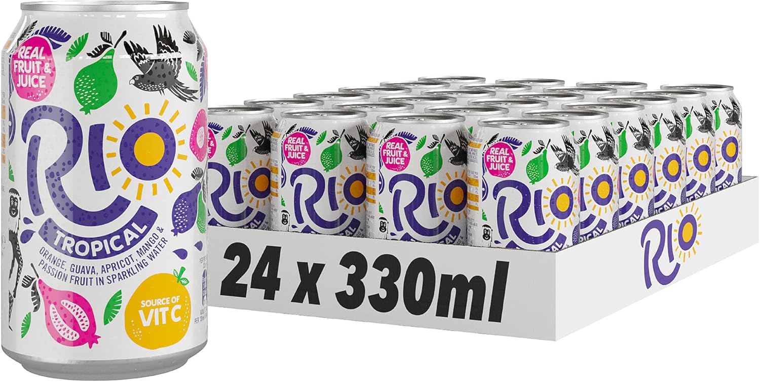 Rio Tropical Original Fizzy 24 Cans Soft Drink Pack with Real Orange, Apricot, Mango, Passion Fruit and Guava Juice Flavours Lightly Sparkling Cans of Pop with Vitamin C 24x330ml