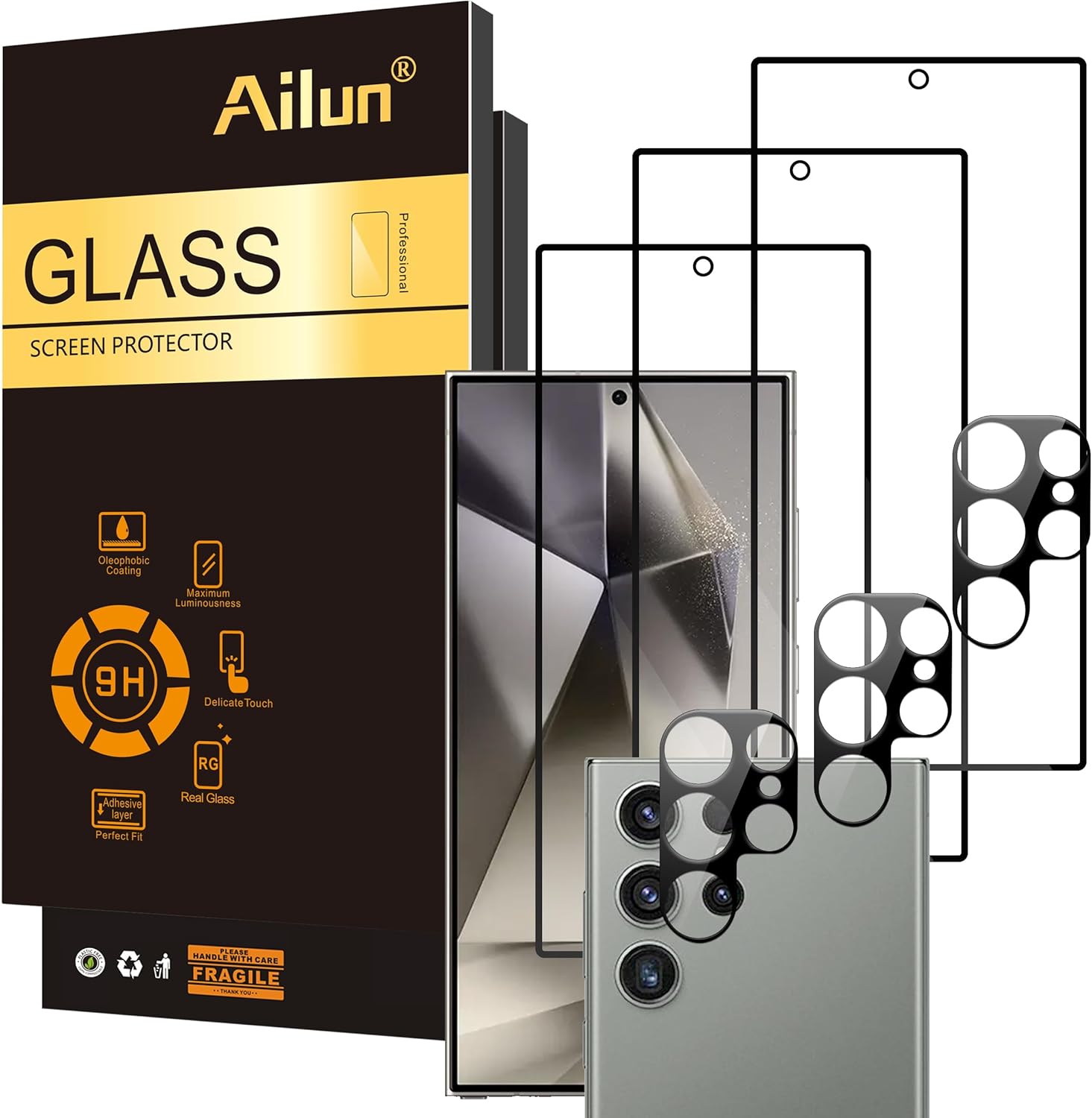 Ailun Glass Screen Protector for Galaxy S24 Ultra [6.8 Inch] 3Pack + 3Pack Camera Lens Tempered Glass Fingerprint Unlock 0.25mm Ultra Clear Anti-Scratch Case Friendly [Not For S24/S24 Plus]