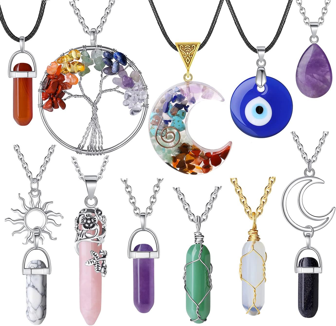 XIANNVXI 11 Pcs Healing Crystal Necklaces for Women Costume Jewellery Women Accessories Crystal Jewellery Gemstone Pendant Ladies Necklace Fashion Accessories Gothic Witchy Gifts