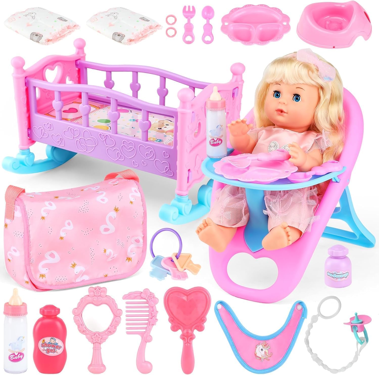 13" Baby Doll Set with Accessories - Dolls for Girls 3+ Years, Includes Cot, Feeding Kit, Clothes, Interactive Bottle & Toddler Chair, Complete Baby Doll Care Playset, Educational Pretend Play Gift