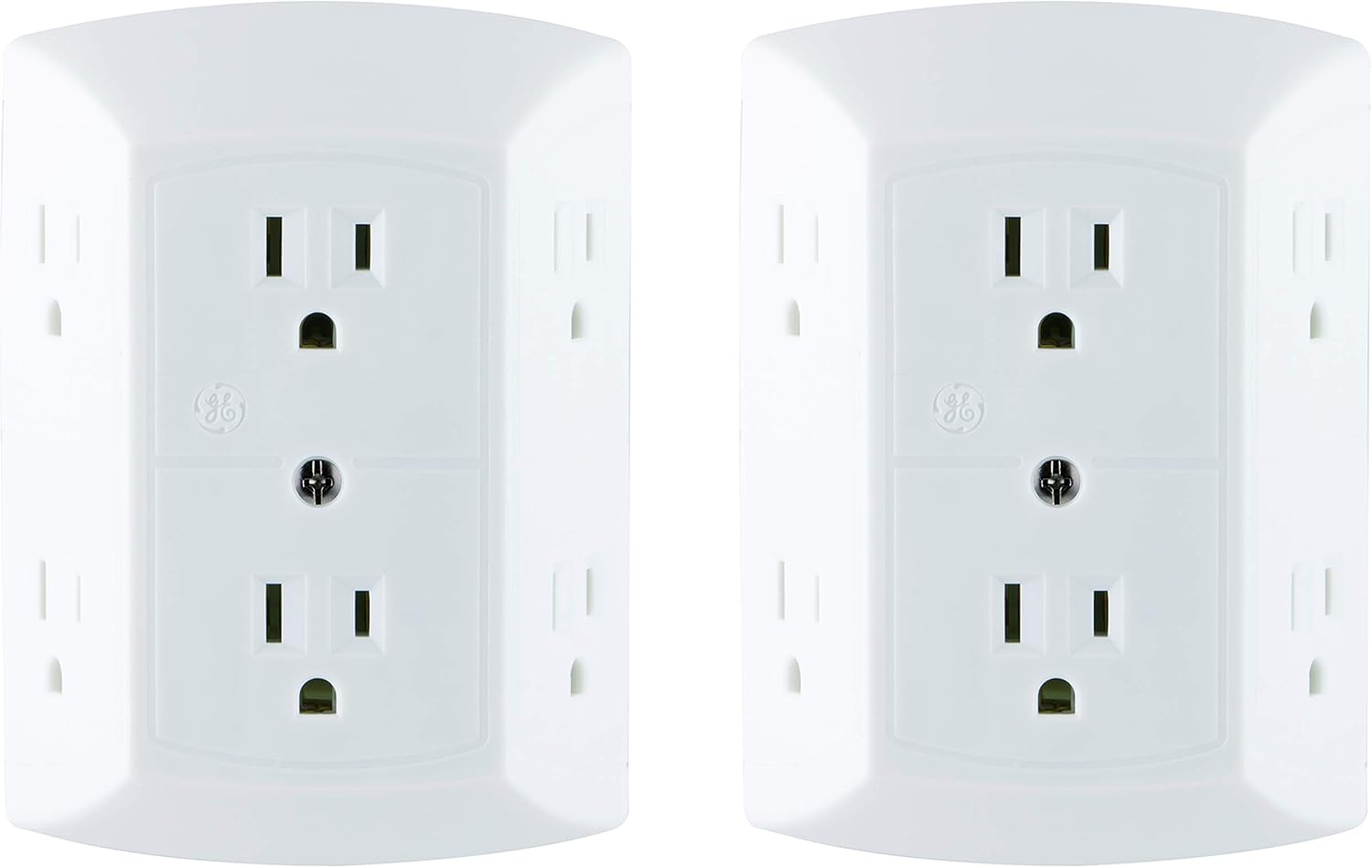GE 6-Outlet Extender, 2 Pack, Grounded Wall Tap, Adapter Spaced Outlets, 3-Prong Outlet Splitter, Multiple Plug, Quick and Easy Install, Cruise Essentials, UL Listed, White, 40222