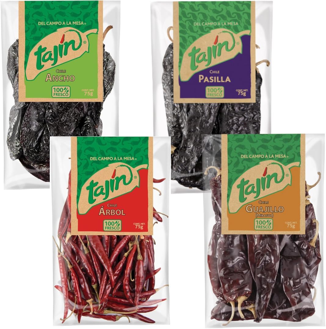 Tajin Mexican Dried Chillies Set | 1 x Guajillo Chillies 75g 1 x Ancho Chilli 75 1 x Arbol Chillies 75 1 x Pasilla Chilli 75g