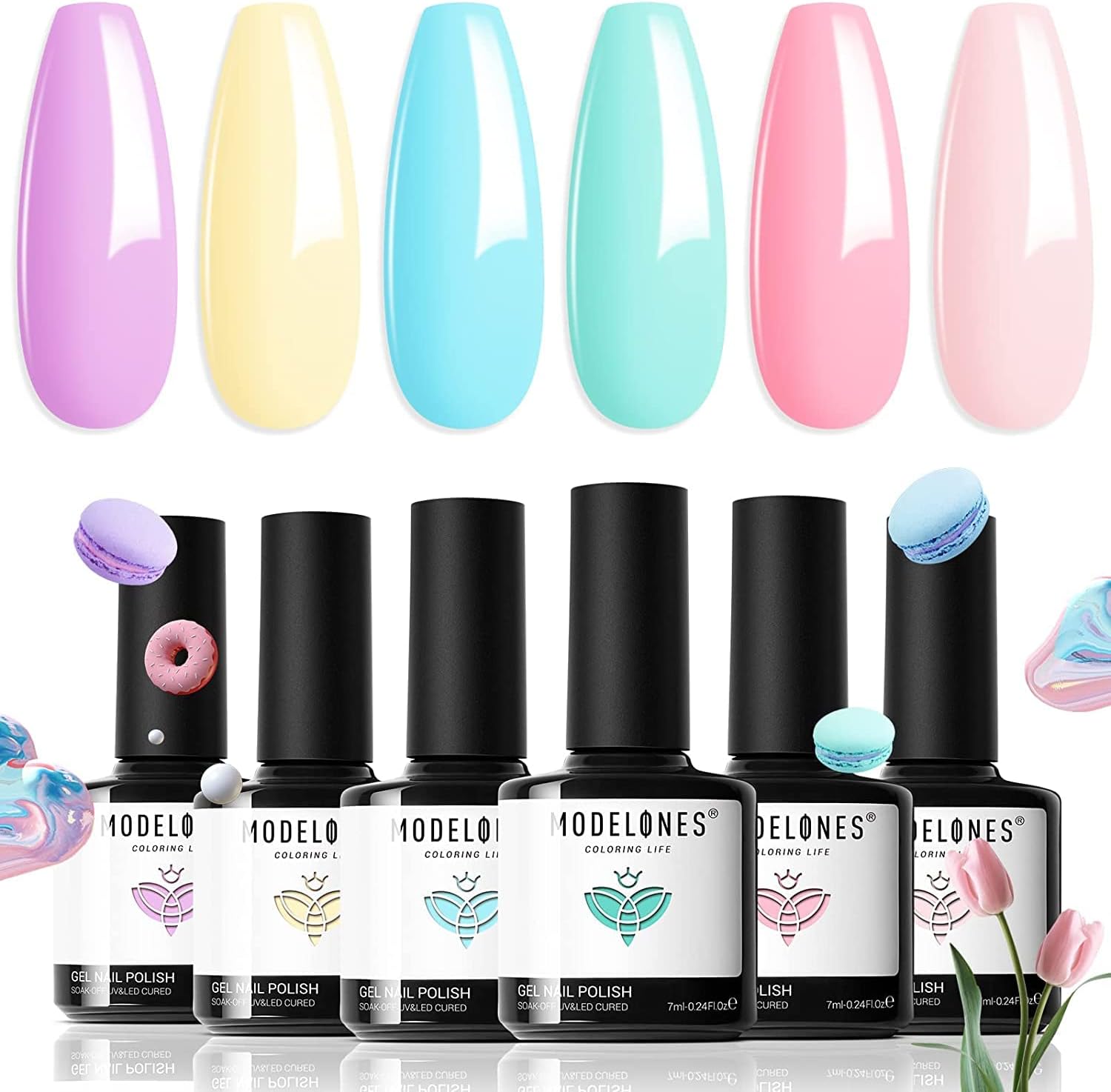 Modelones Gel Nail Polish Set, 6 Colors Pastel Gel Polish Pink Blue Purple Yellow Green Nail Polish Summer Nail Varnish Kit Soak Off Nail Art Manicure DIY Salon for Women