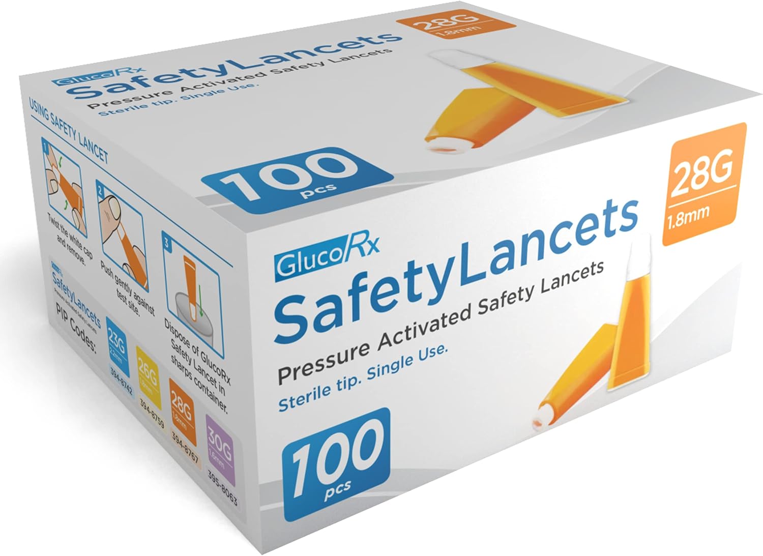 GlucoRx 28 g/1.8 mm Safety Lancets, 100 Pack, 5060342240583
