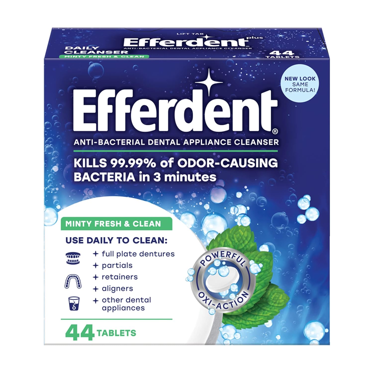 Efferdent Plus Mint Anti-Bacterial Denture Cleanser | 44 tablets | Actively Cleans Between Dentures | Packaging May Vary
