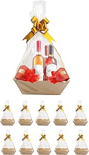 Upper Midland Products [10 Pk Baskets for Gifts Empty| 8x10” Kraft Gift Basket Kit with Basket Empty, Basket Bags, Gold Pull Bows| Wine Basket Gift Set| Christmas, Easter, Occasions| Gift to Impress