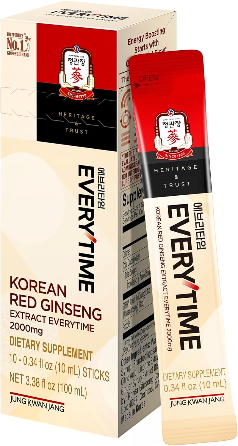 Korean Red Ginseng Extract Everytime 2000mg | Energy Supplements, Ginseng Supplement, Ginseng Tea, Korean Food | Caffeine Free, Boost Energy, Support Immunity | 10 Count