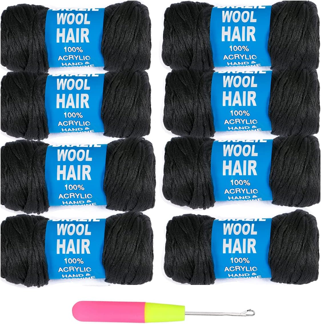 8Pcs Brazilian Yarn Wool Hair Arylic Yarn for Hair Crochet Braid Twist Warps Black Color