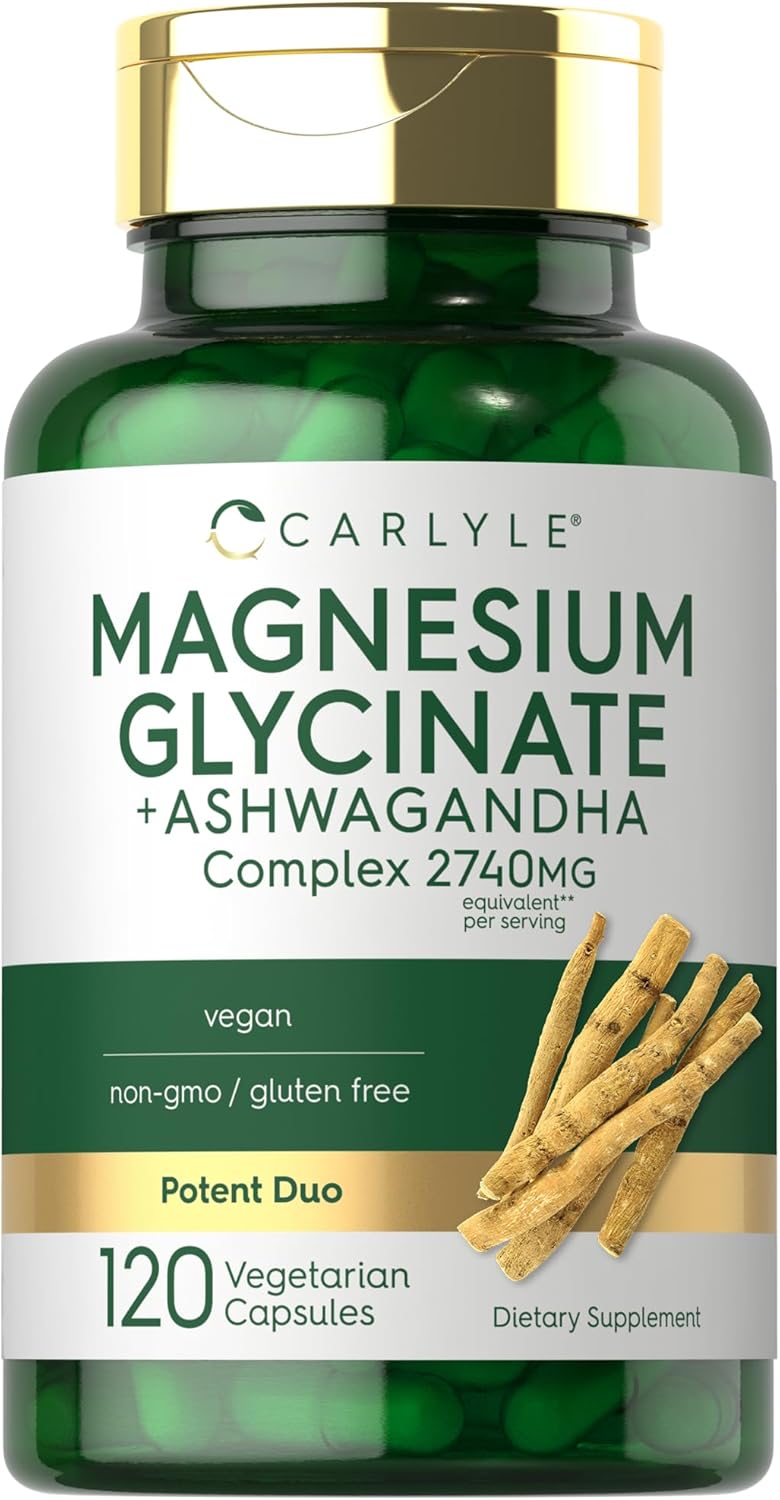 Carlyle Magnesium Glycinate with Ashwagandha | 2,740mg Complex | 120 Vegetarian Capsules | Potent Duo | Non-GMO and Gluten Free Supplement