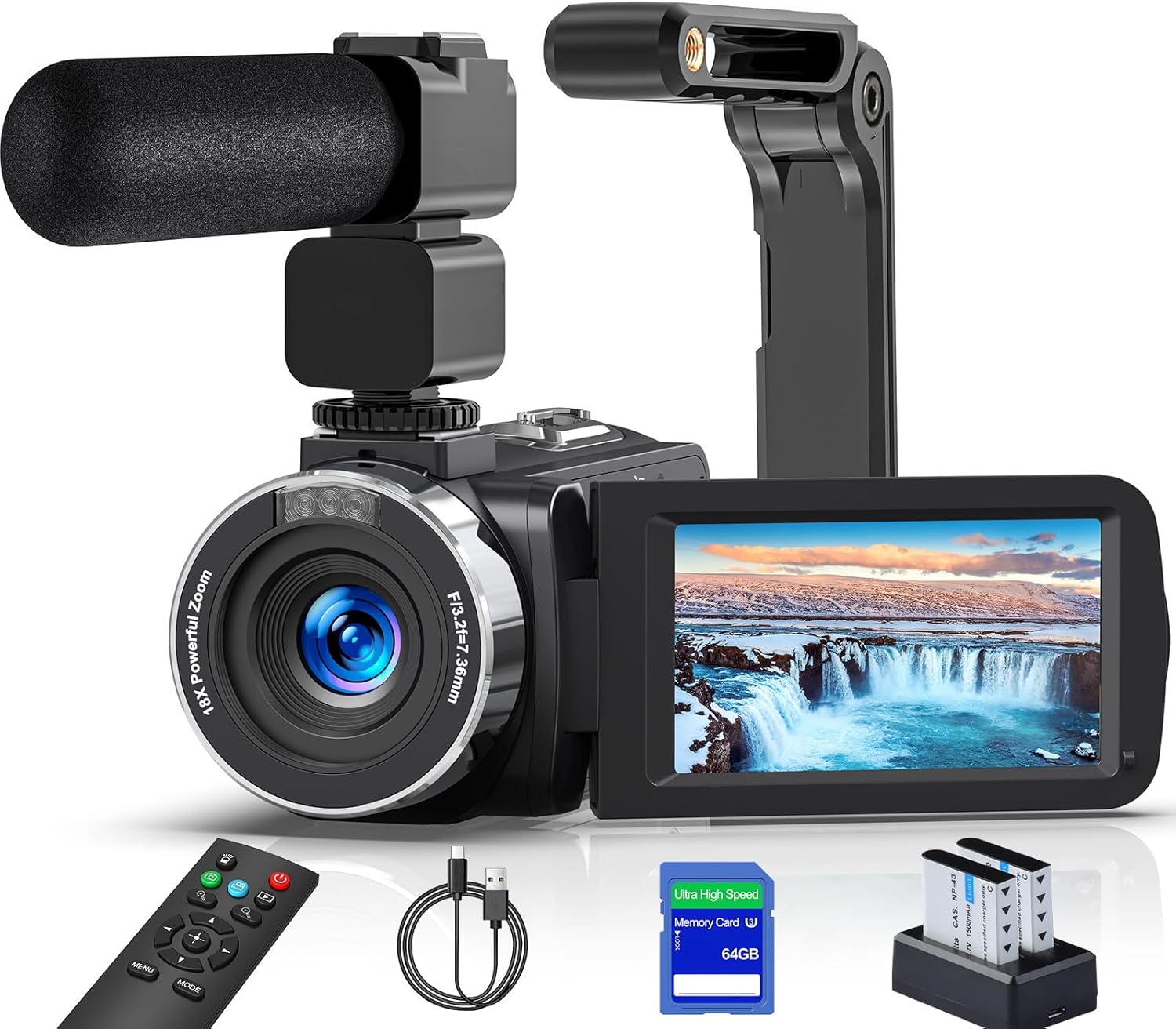 8K 64MP Camcorder Video Camera 18X Digital Zoom Youtube Vlogging Camera Webcam IR Night Vision WiFi 3.0”Touch Screen Camcorders with Microphone, 64G SD Card, Remote Control,Stabilizer and 2 Batteries