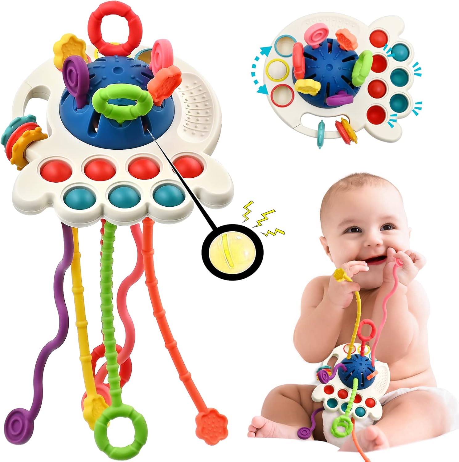 AiTuiTui Sensory Baby Teething Toys 6 to 12 Months, Infant Toddler Travel Toys for 1 2 Year Old Boy Girl Birthday Gifts, Soft String Fidget Educational Learning for 9 10 18 Months, Blue