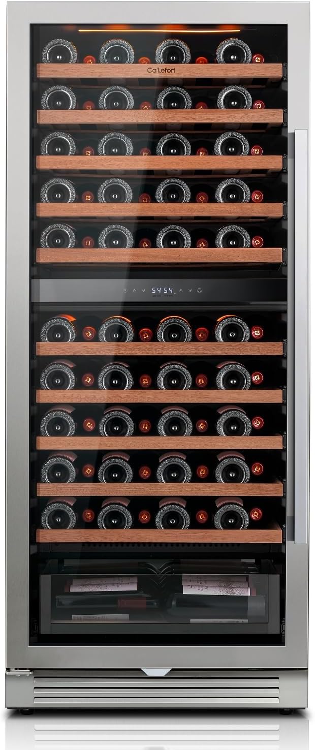 Ca'Lefort 24 Inch 90 Bottles Wine Fridge, Built-In Dual Zone Wine Cooler | 55-Inch Tall Design, 40-65°F Control, 3-Color LED, Energy Star, Glide-Out Shelves, Storage Drawer for Home Bar