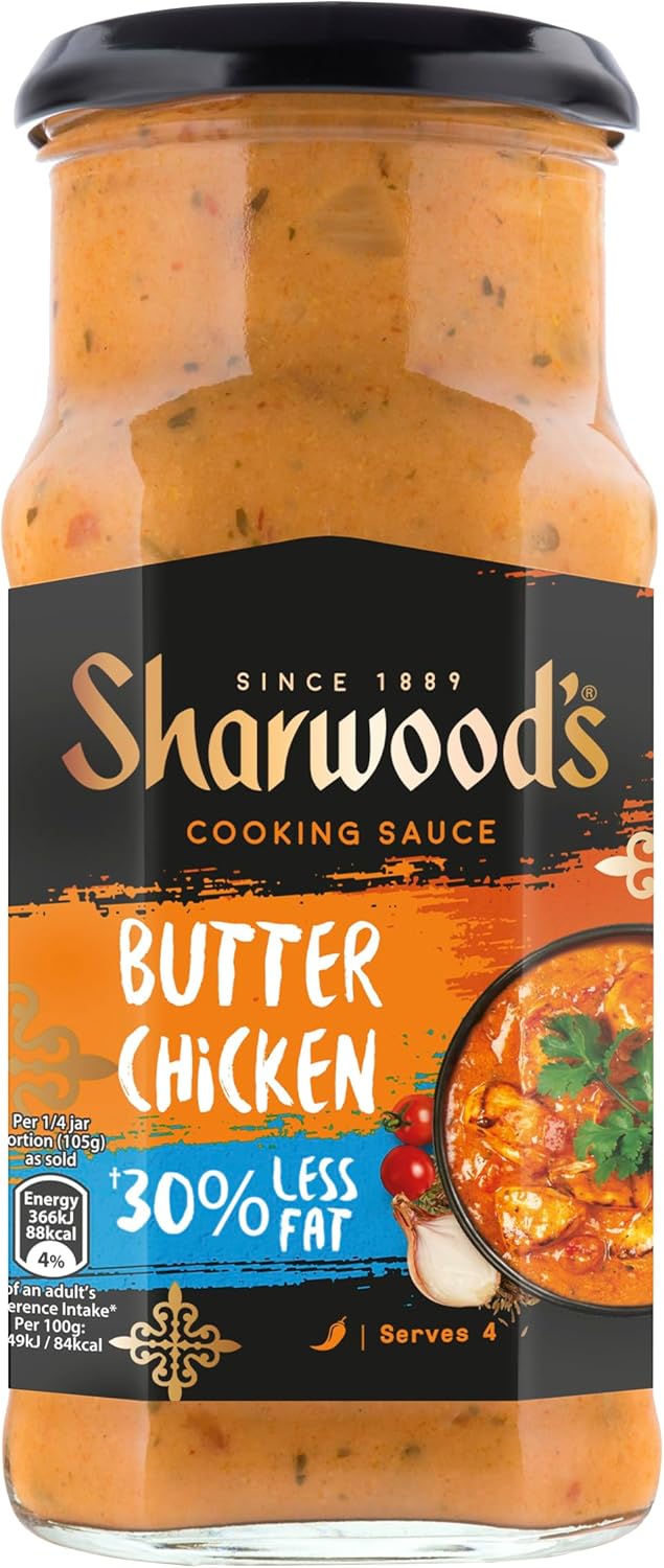 Sharwood's Indian Butter Chicken Sauce – 30% Less Fat, Creamy Tomato & Mild Spice Blend, Vegetarian Friendly, 420 g Jar (Pack of 1)