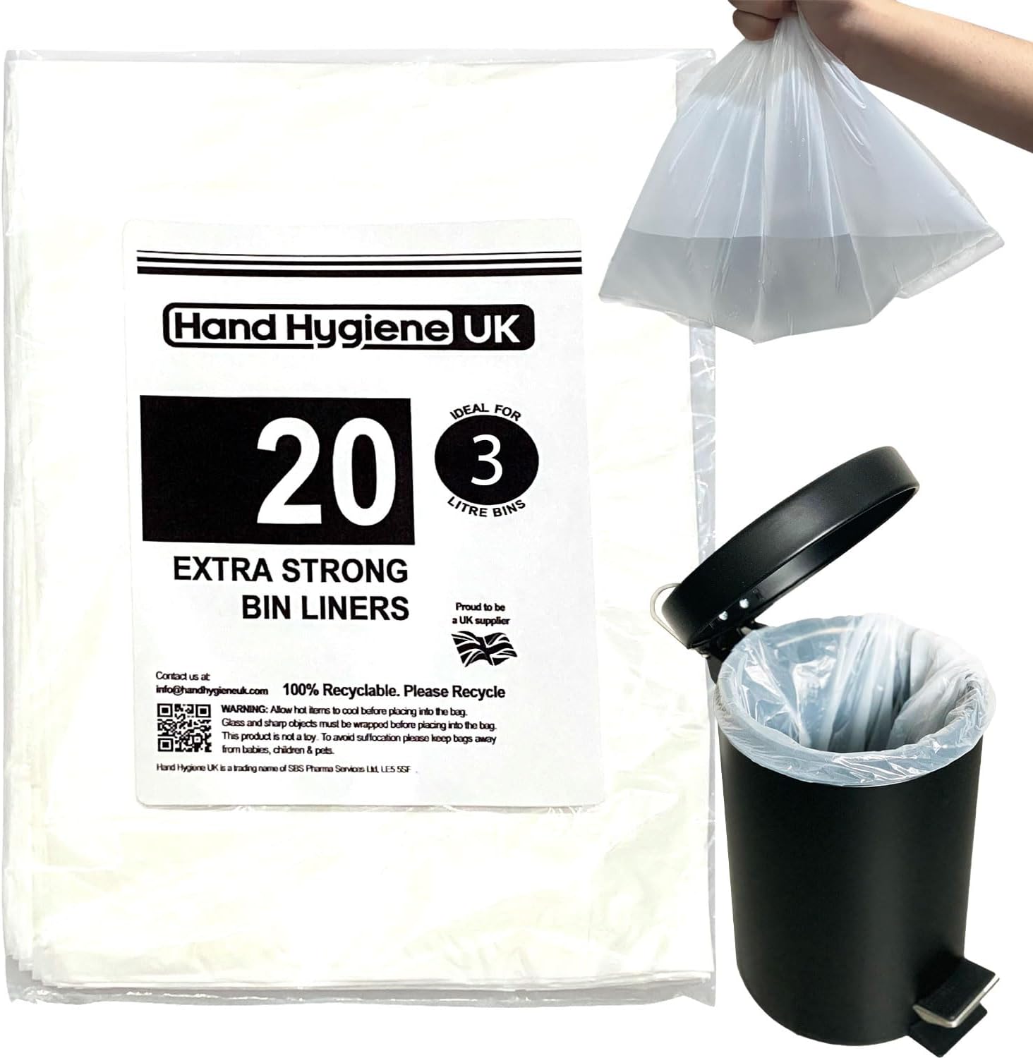 3L Pedal Bin Liners Extra Strong Extra Large Dustbin Waste Bags Small 3 Liter Trash Bags For Toilet Bedroom Bathroom Hotels Garbage White Refuse Sacks For Rubbish 3 Litre - 20 Count