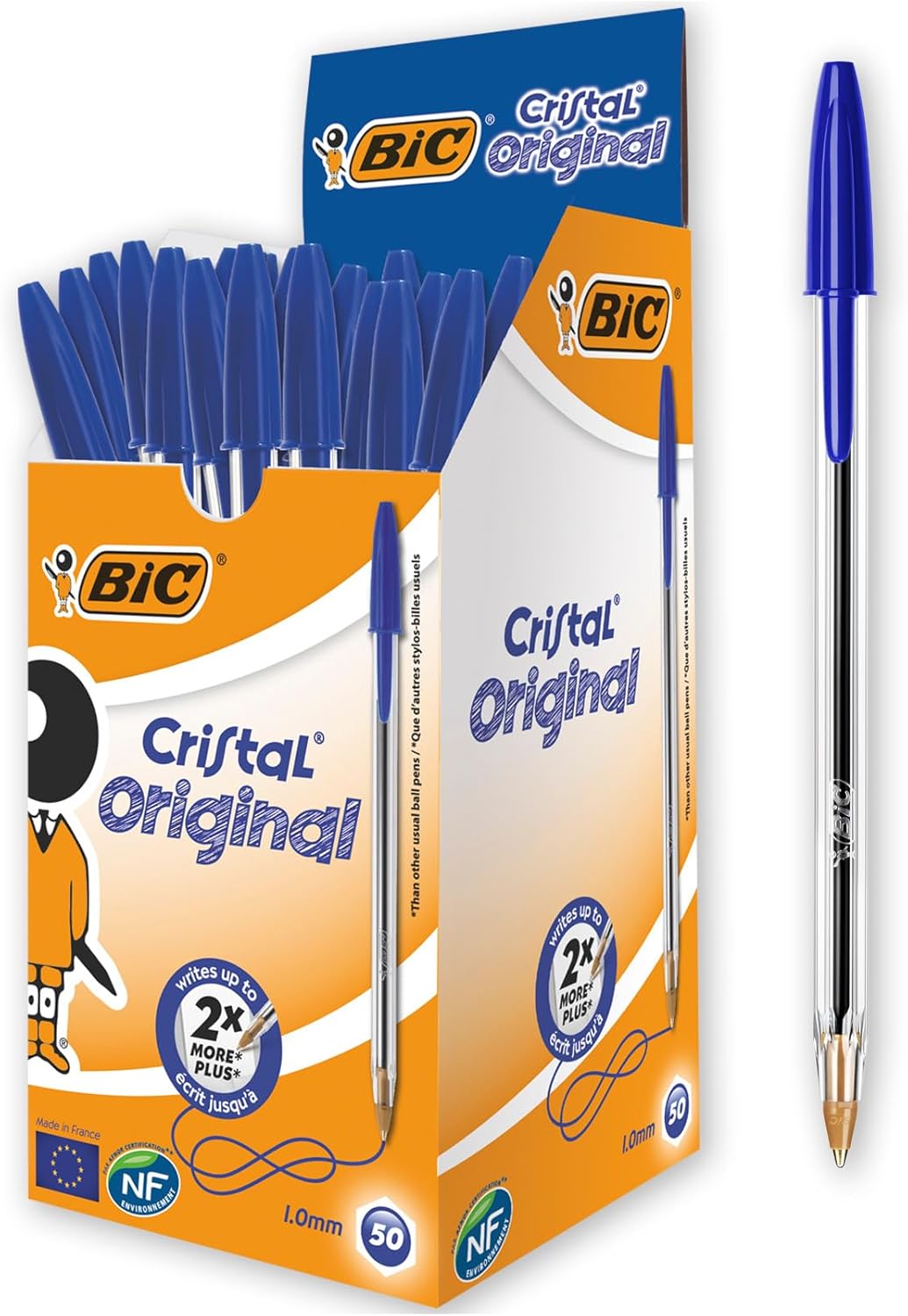 BIC Cristal Original Ball Point Pen - Pack of 50 Pens - Medium Point (1.0 mm) - Blue Ink