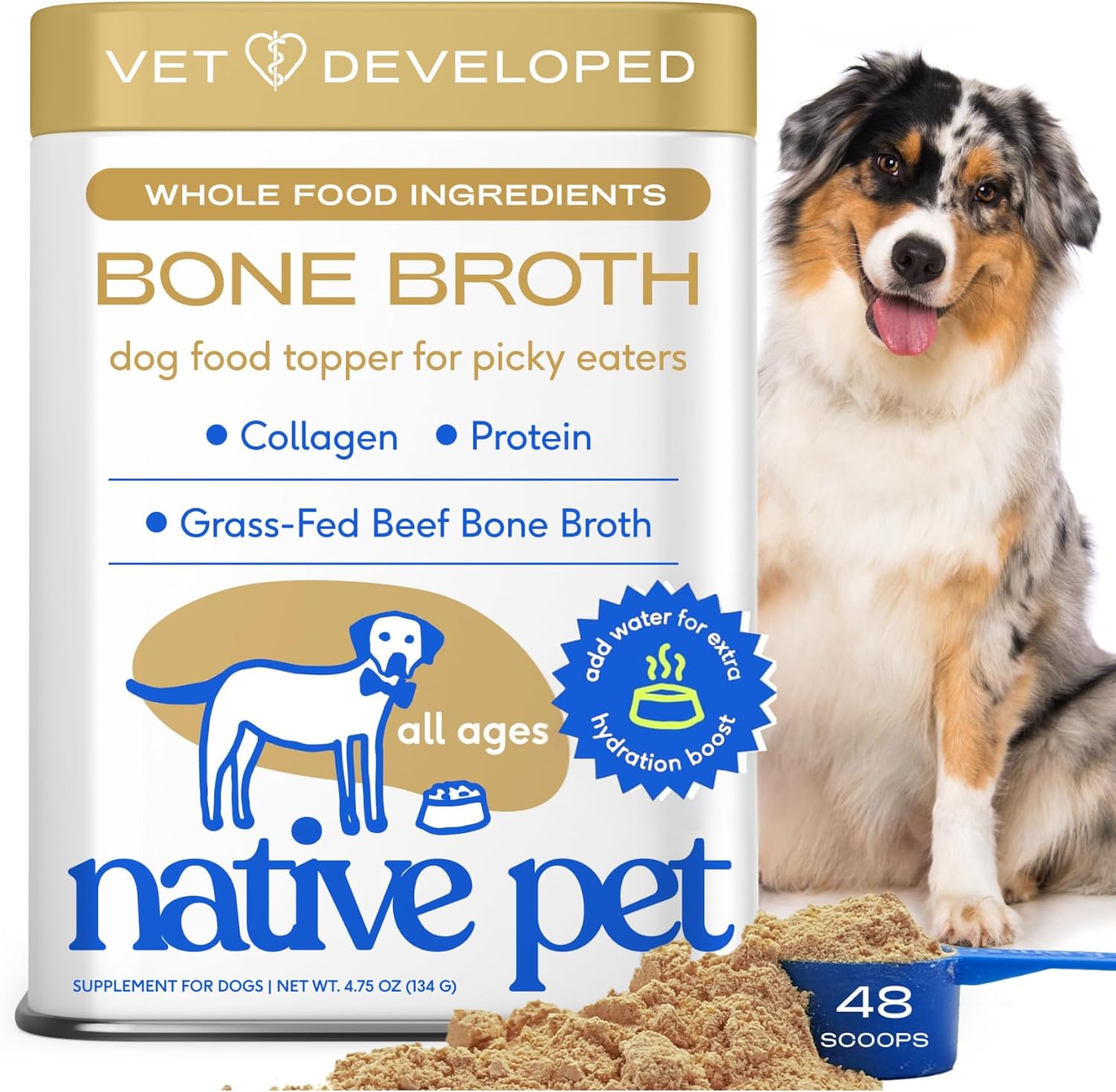 Native Pet Bone Broth for Dogs - Made with Real Beef Bone Broth, Dog Food Toppers for Picky Eaters - Provides Extra Hydration & Nutrition for Joint Strength, Immunity & Heart Health-48 Scoops