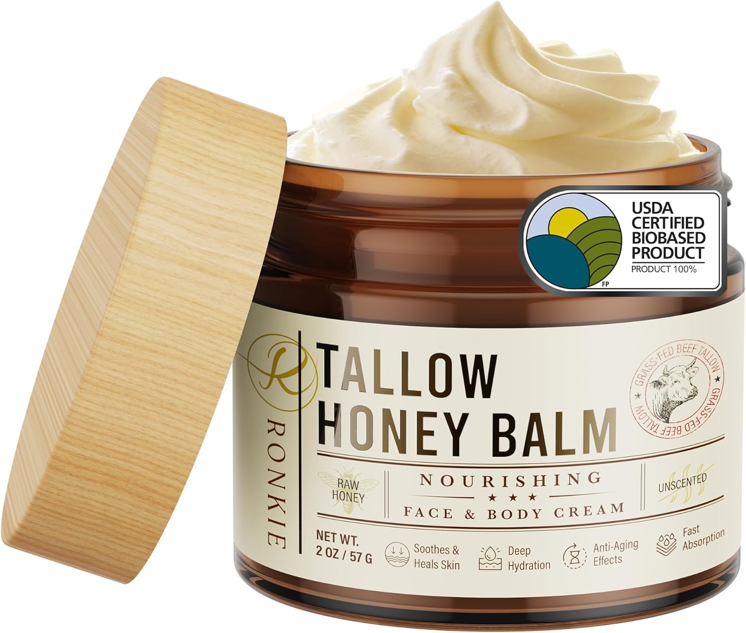 Beef Tallow Skin Care Moisturizer: 100% Grass-Fed Beef Tallow and Raw Honey Balm for Face and Body - Unscented Natural Tallow Face Cream Soft Smooth for Dry Skin and Eczema 2oz
