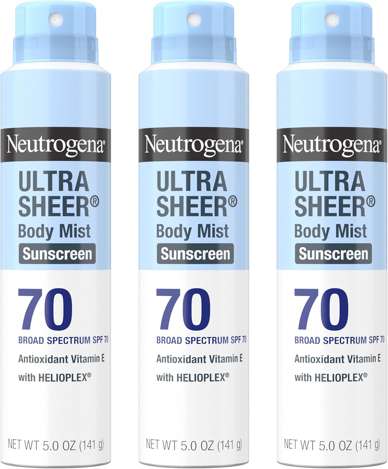 Neutrogena Ultra Sheer Body Mist Sunscreen Spray Broad Spectrum SPF 70, Lightweight, Non-Greasy & Water Resistant, Oil-Free & Non-Comedogenic UVA/UVB Sunscreen Mist, 5 oz (Pack of 3)