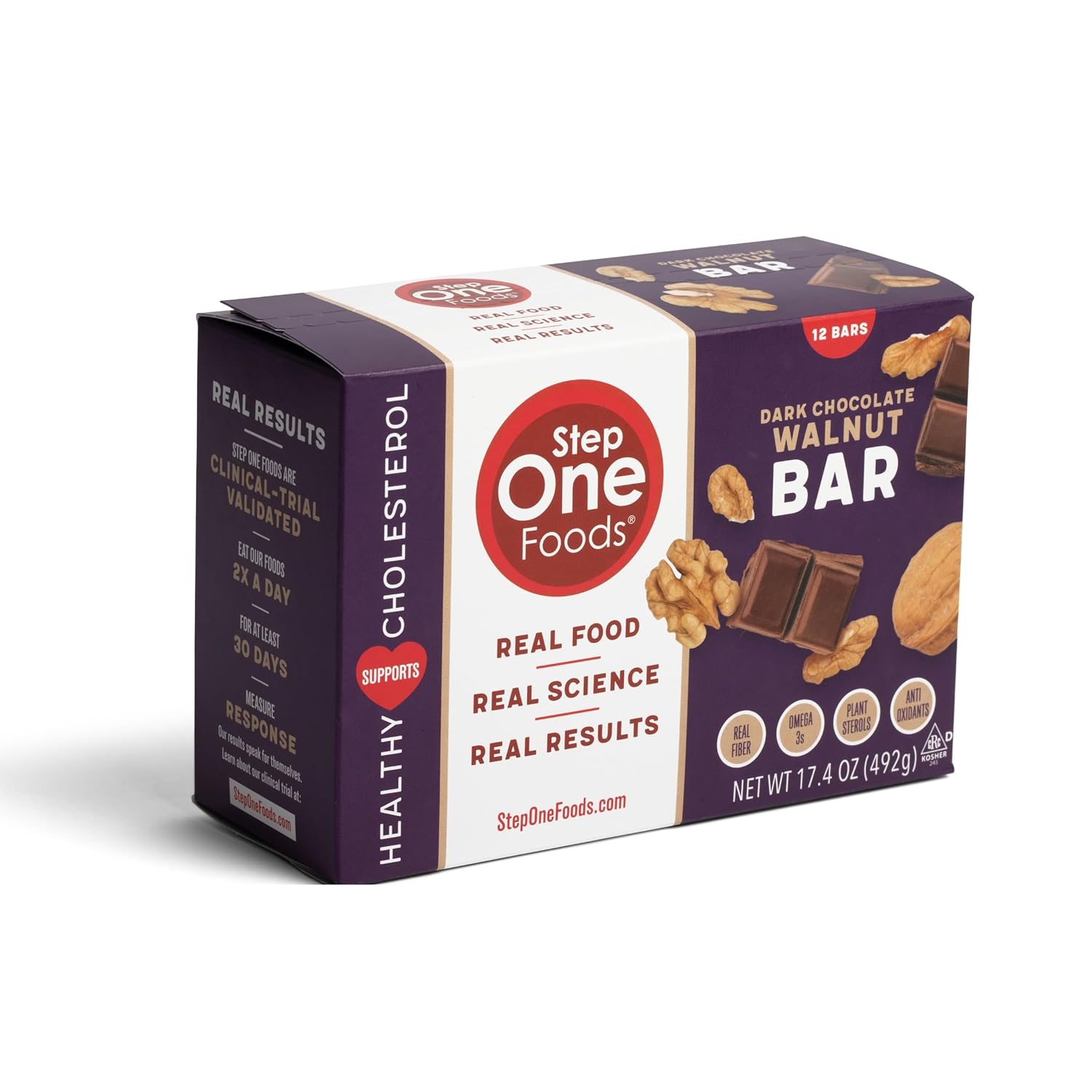Step One Foods, Dark Chocolate Walnut Bars, Omega 3's and Dietary Fiber Gluten Free, Non-GMO, Vegan, Clinically Proven to help Lower Cholesterol (12 Pack)