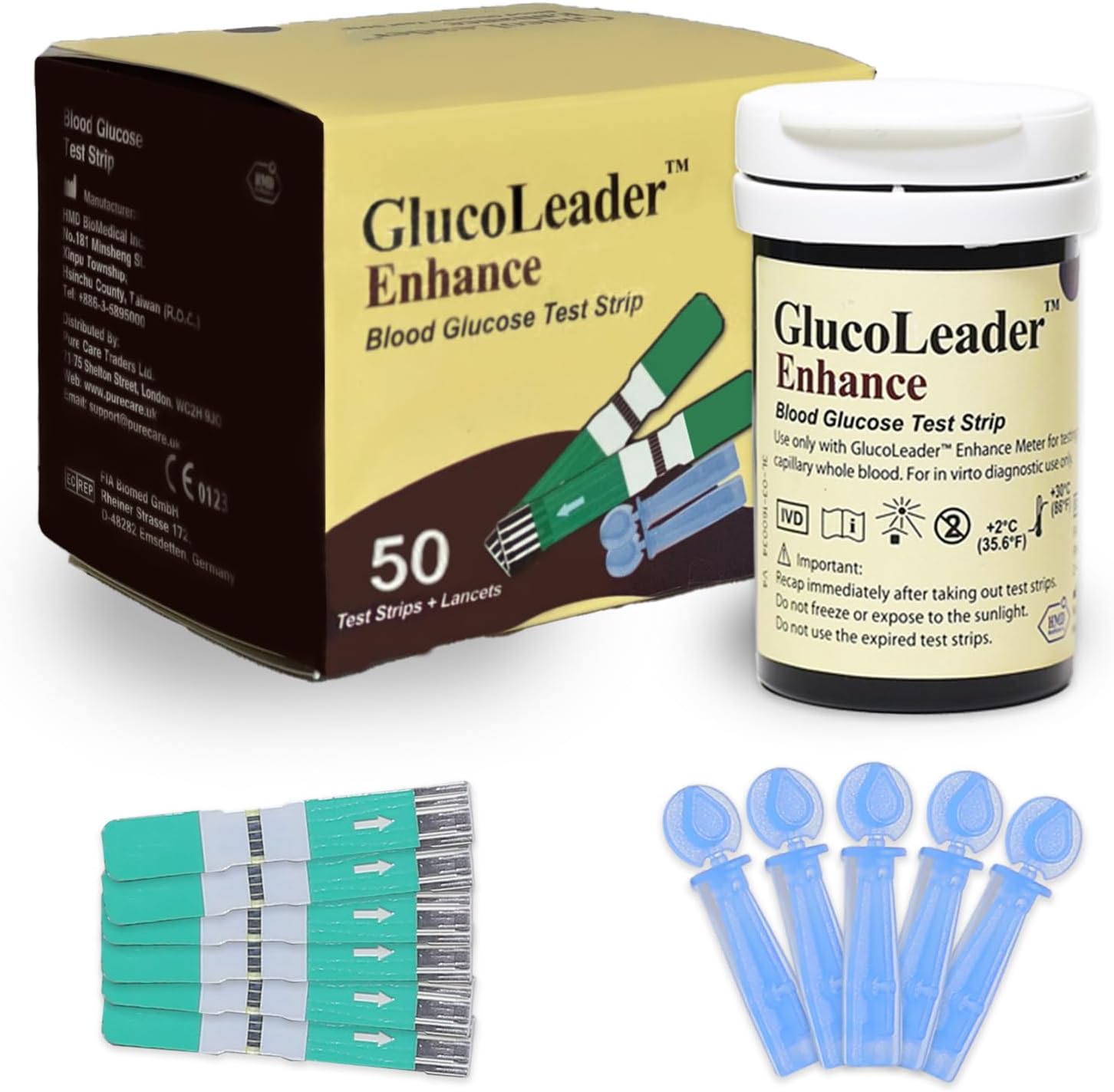 GlucoLeader Enhance Blood Glucose Test Strips Pack of 50 Blood Sugar Test Strips & Lancets. Made in Taiwan. (No Meter Included)